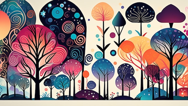 Foto ilustración generada por ia bosque pintado de colores árboles en el bosque fondo