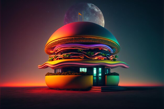 Ilustración generada por IA de un café con forma de hamburguesa y la Luna de fondo