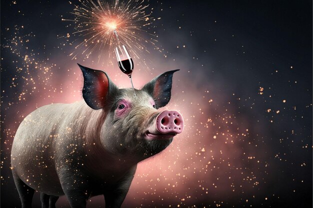 Ilustración generada por IA de un cerdo brindando con champán