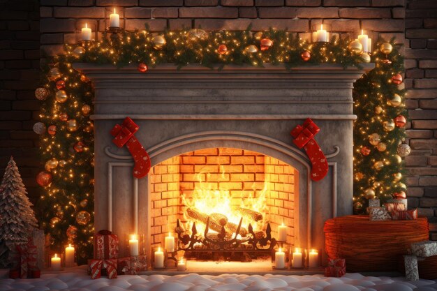 Foto ilustración generada por la ia de una chimenea adornada con decoraciones navideñas