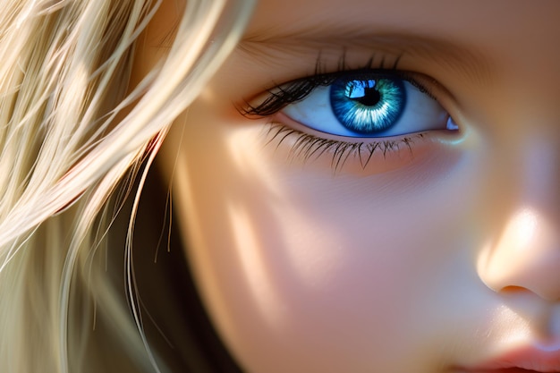 Ilustración generada por IA Closeup de niños de ojos azules con cabello blanco Mirada infantil abierta