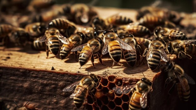 Foto ilustración generada por ia de una colmena con abejas que trabajan en perfecta armonía