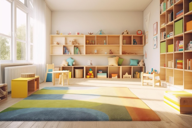 Ilustración generada por la IA de coloridas salas de juegos de jardín de infantes