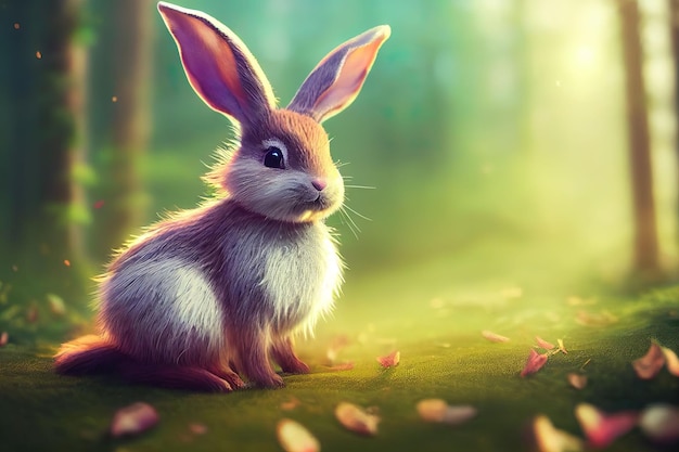 Una ilustración generada por una IA de un conejo adorable en el bosque mágico con hojas caídas