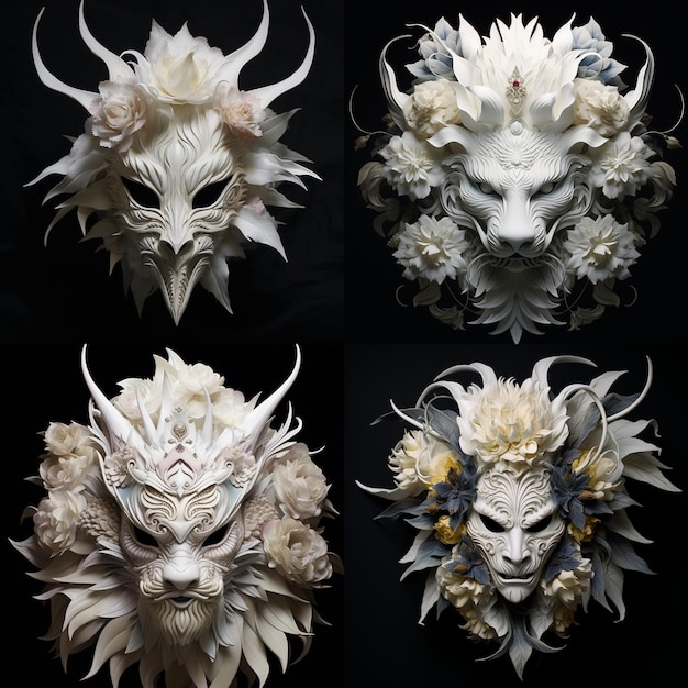 Ilustración generada por la IA de un conjunto de máscaras blancas de animales adornadas con flores sobre un fondo negro