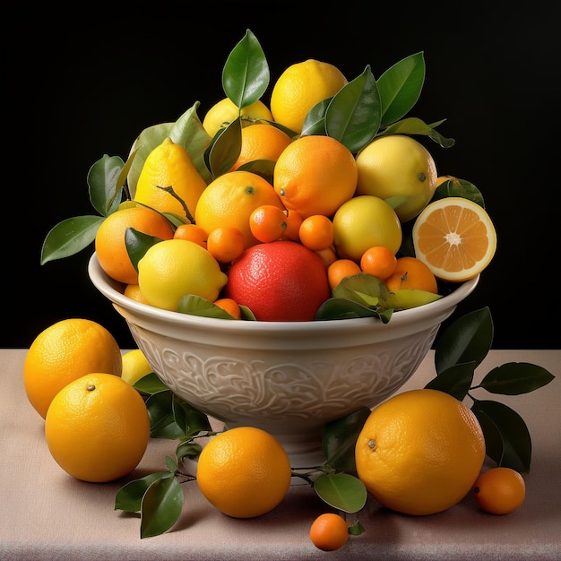 Ilustración generada por la IA de un cuenco lleno de limones y naranjas