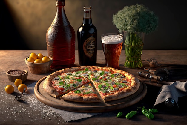 Ilustración generada por IA de una deliciosa pizza en la mesa con una jarra de cerveza e ingredientes