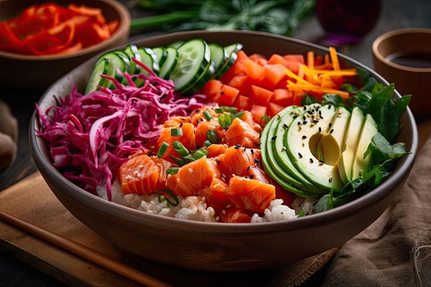 Ilustración generada por IA de un delicioso poke bowl fresco, con arroz, aguacate y salmón