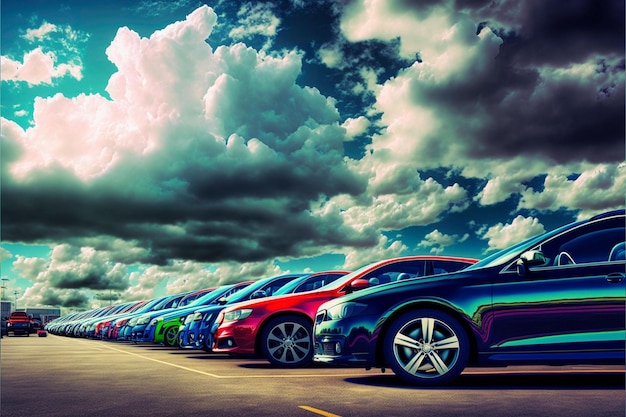 Una ilustración generada por IA de diferentes autos coloridos estacionados bajo un cielo nublado