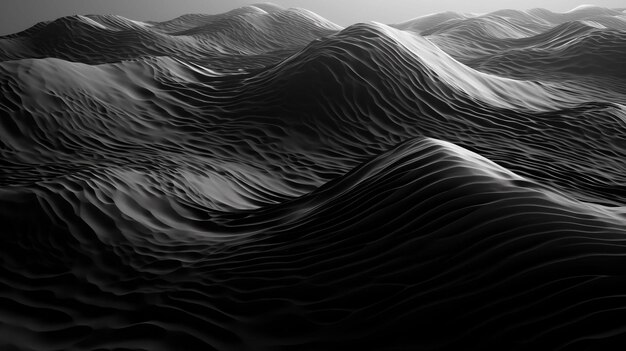 Foto ilustración generada por la ia de dunas de arena irregulares con textura en escala de gris