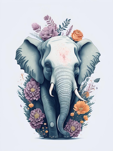 Ilustración generada por la IA de un elefante con flores sobre un fondo blanco