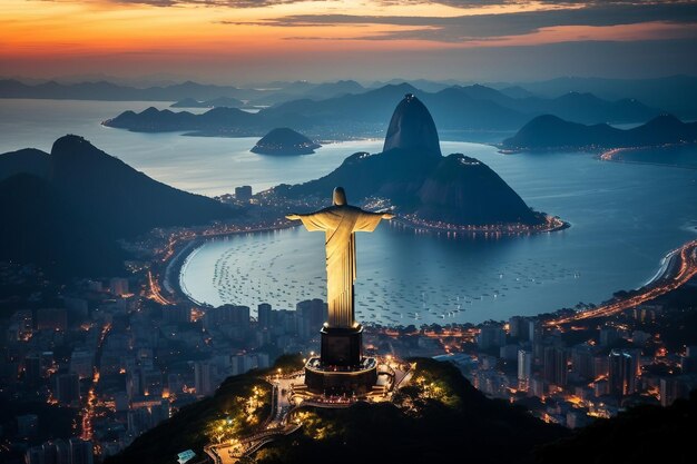 Foto ilustración generada por ia de la estatua de cristo redentor por la noche en río de janeiro, brasil