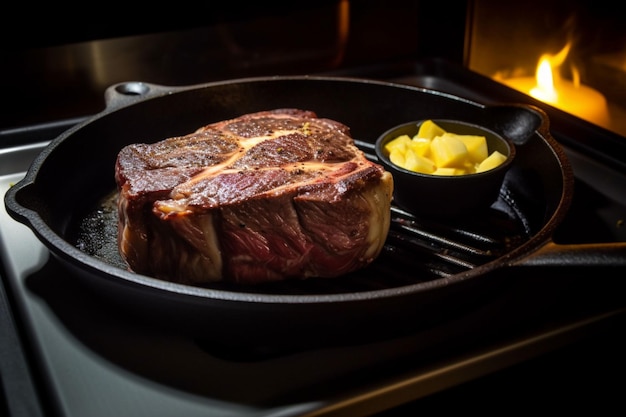 Ilustración generada por IA de un filete chuletón con mantequilla de ajo en una sartén