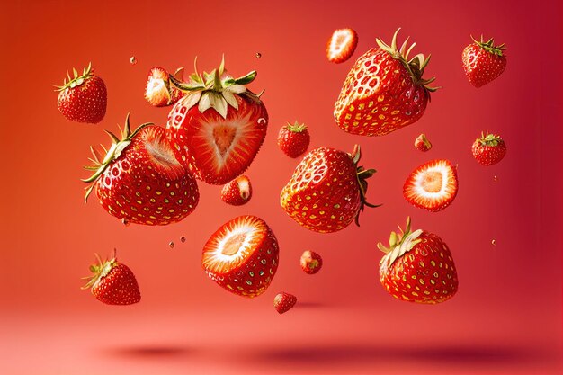 Ilustración generada por IA de fresas en el aire con sus jugosos trozos esparcidos por todas partes