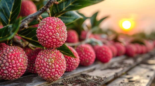 Ilustración generada por la IA de frutas de lichi colgando en un árbol con mesa de madera y puesta de sol en una granja orgánica