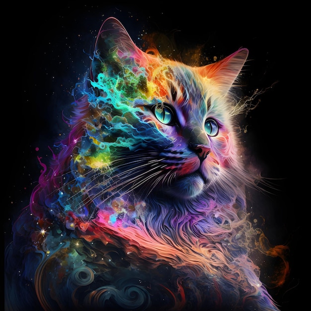 Ilustración generada por IA de un gato iluminado por luces vibrantes, en lo alto de un afloramiento rocoso