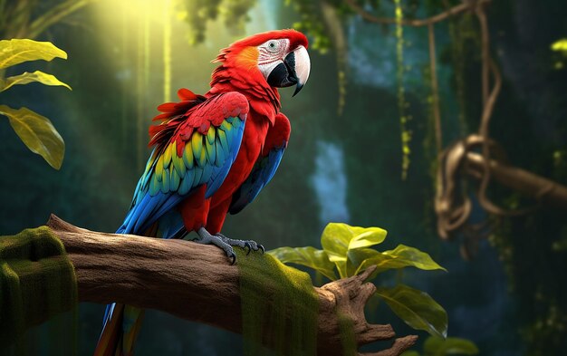 Ilustración generada por la IA de un guacamayo vibrante posado en una rama de la selva tropical