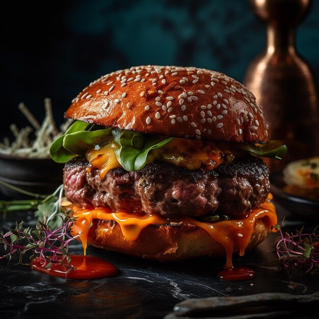 Una ilustración generada por la IA de una hamburguesa grande casera con queso derretido y carne jugosa en un fondo de pizarra negra