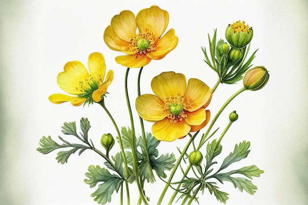 Ilustración generada por IA de hermosas flores de botón de oro amarillo sobre un fondo blanco.