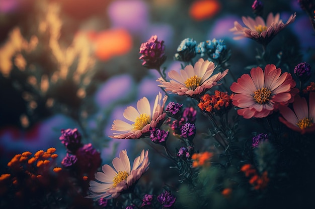 Ilustración generada por IA de hermosas flores Cosmos que crecen en un jardín