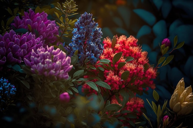 Ilustración generada por IA de hermosas flores de jacinto que crecen en un jardín