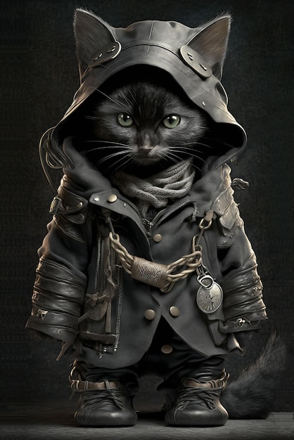 Ilustración generada por la IA de un hermoso gato guerrero negro en disfraz