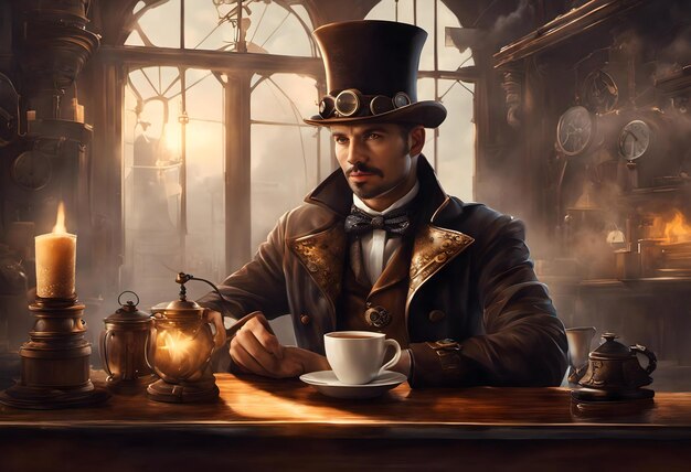 Ilustración generada por la IA de un hombre con un traje de estilo steampunk con una taza de café