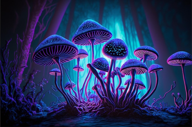 Ilustración generada por IA de hongos vibrantes y psicodélicos que irradian una energía mágica y surrealista