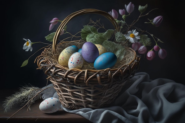 Ilustración generada por IA de huevos de Pascua decorados en una canasta