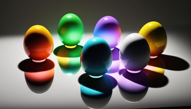 Ilustración generada por IA de huevos de Pascua decorativos de colores brillantes sobre un fondo oscuro