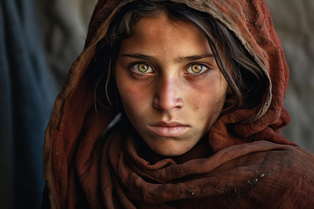 Foto ilustración generada por ia de una joven afgana con un pañuelo en la cabeza y ojos brillantes