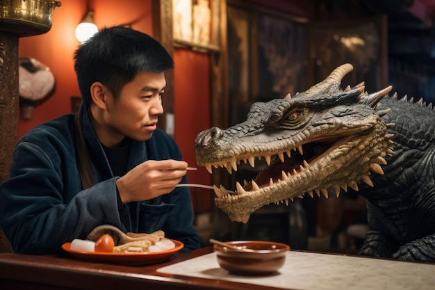 Ilustración generada por IA de un joven con un dragón disfrutando de una comida en un restaurante.