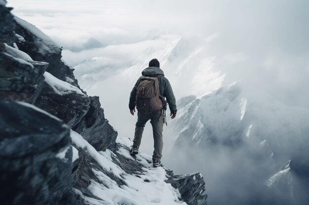 Ilustración generada por IA de un joven con una mochila caminando por un bosque invernal