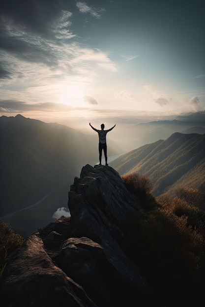 Foto ilustración generada por ia de un joven de pie en la cima de una montaña con las manos en alto