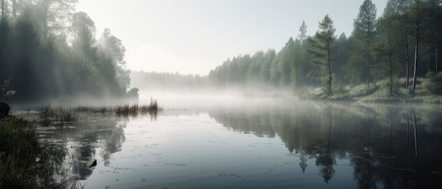 Ilustración generada por IA de un lago rodeado por un bosque en un día brumoso