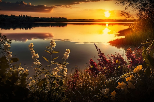 Una ilustración generada por IA del lienzo de la naturaleza: Flores silvestres en el resplandor del atardecer junto al lago