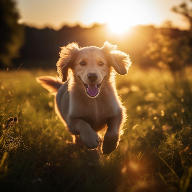 Ilustración generada por IA de un lindo cachorro de golden retriever corriendo por un campo verde.