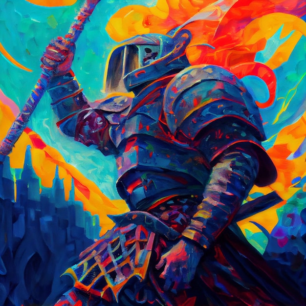 Ilustración generada por IA de un luchador medieval con armadura en colores brillantes psicodélicos