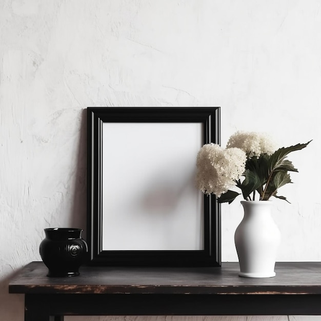 Ilustración generada por IA de un marco fotográfico en blanco cerca de un jarrón con flores y un jarrón de arcilla