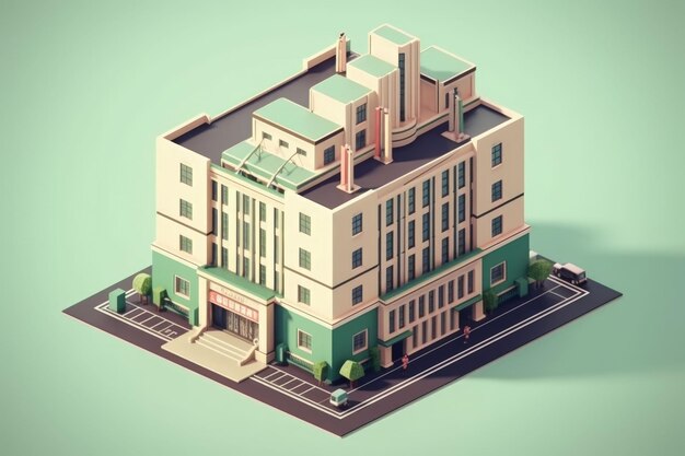 Ilustración generada por IA de un modelo moderno de edificio de apartamentos aislado en un fondo neutral