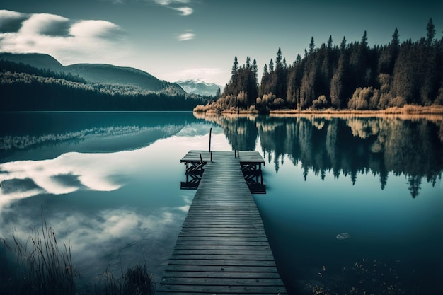 Ilustración generada por IA de un muelle de madera en un lago tranquilo rodeado de bosques