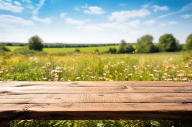 Foto ilustración generada por la ia de un muelle de madera rústico en un campo de flores