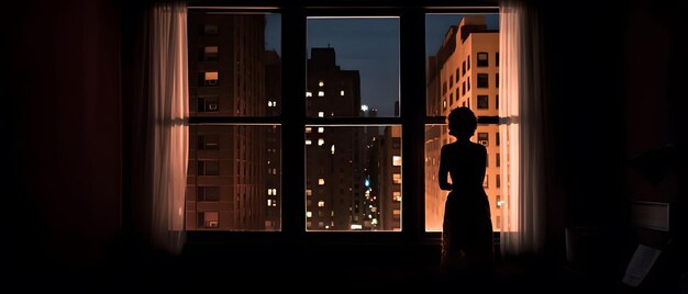 Una ilustración generada por la IA de una mujer joven en un espacio de vida contemporáneo frente a una ventana