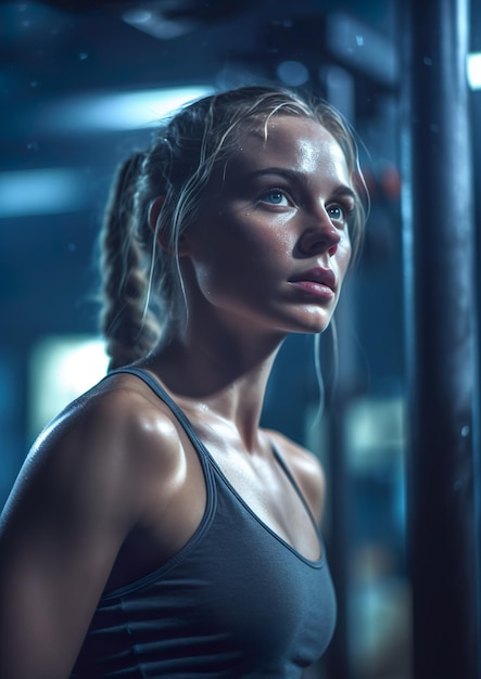 Ilustración generada por IA de Una mujer joven está haciendo ejercicio en un gimnasio