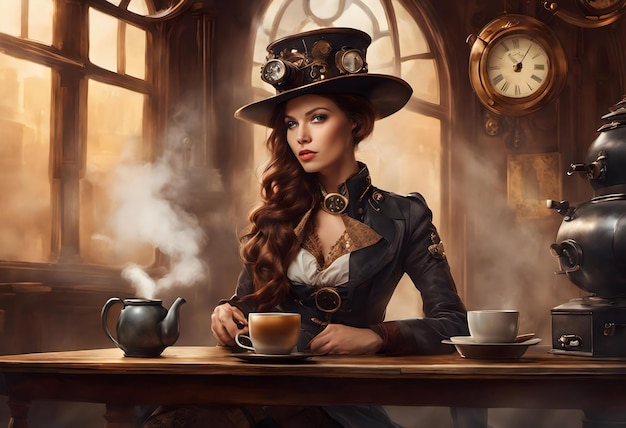 Ilustración generada por IA de una mujer con un traje de estilo steampunk con una taza de café