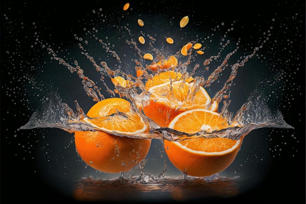 Una ilustración generada por la IA de naranjas recién cortadas salpicando en el agua sobre el fondo vacío