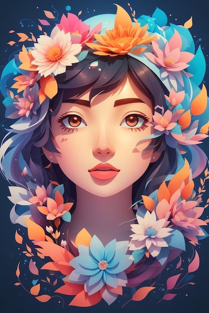 Ilustración generada por IA niña bonita rodeada de flores