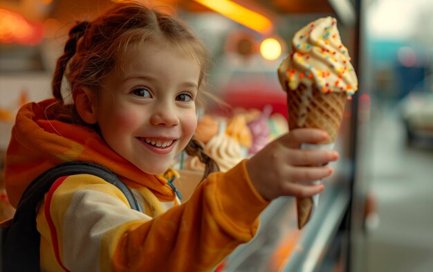 Foto ilustración generada por la ia de una niña disfrutando de un cono de helado