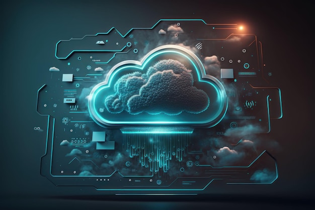 Una ilustración generada por IA de una nube con flujos de datos, que representa la transferencia de datos y la tecnología informática