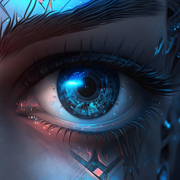 Ilustración generada por la IA de un ojo de mujer con patrones de placas de circuitos brillantes en él